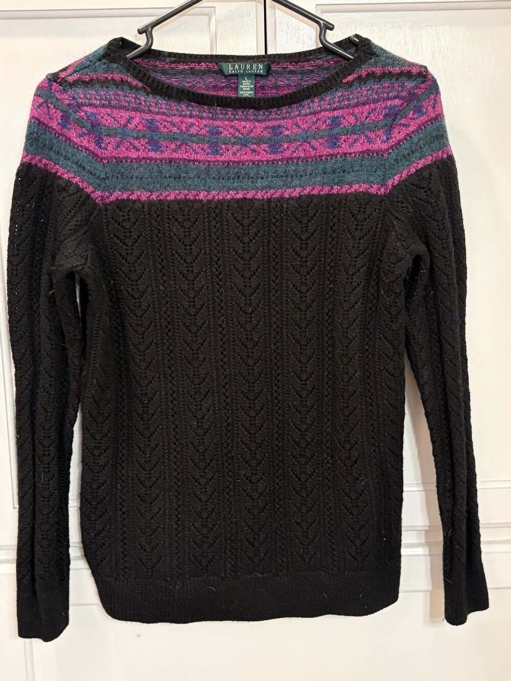 Lauren Ralph Lauren Black Fair Isle Yoke Wool Blend Ribbed Sweater Large